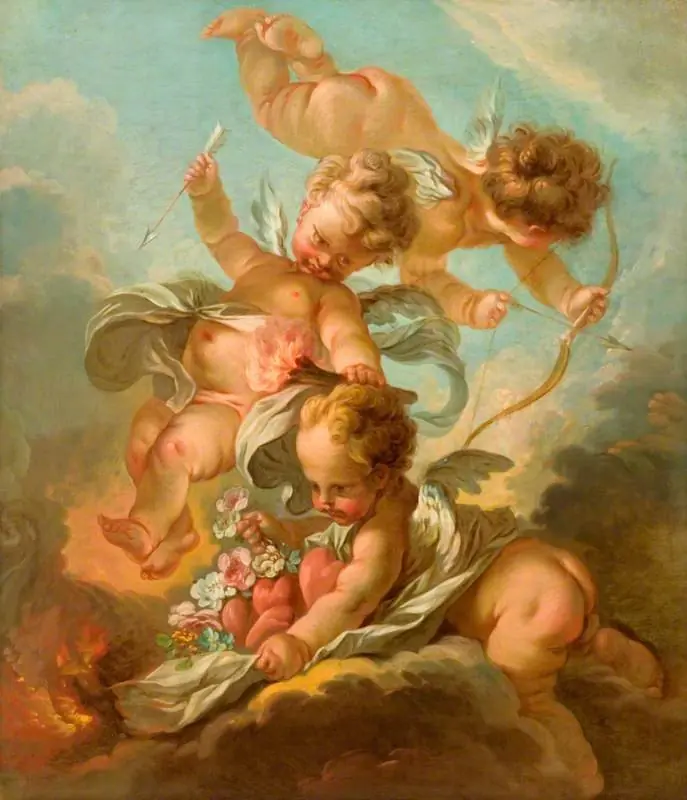 Fire: Three Putti Holding a Bow and Arrow, a Burning Torch, and a Mantle Containing Hearts and Flowers, by François Boucher
