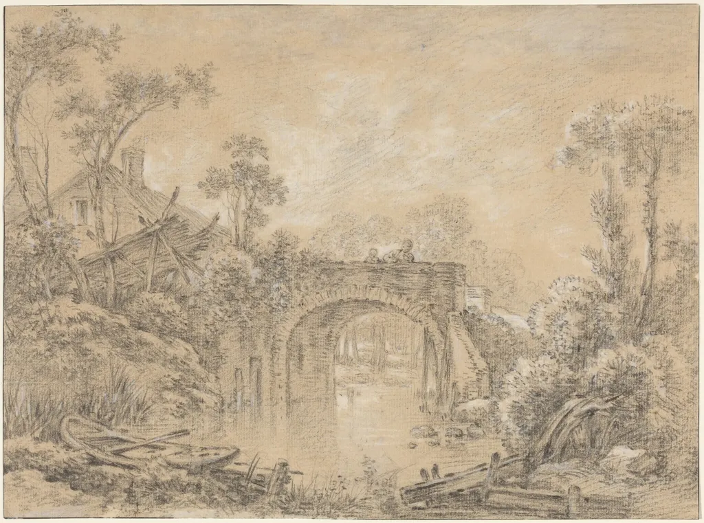 Landscape with a Rustic Bridge, by François Boucher, chalk, 1740
