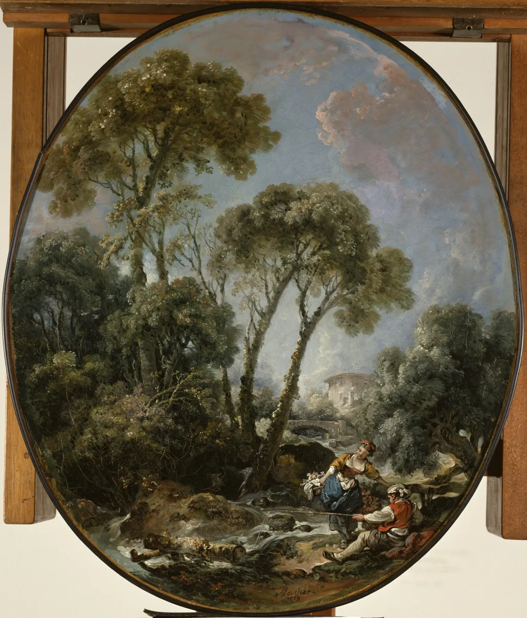Landscape with Fisherman and a Young Woman, by François Boucher, oil, 1769