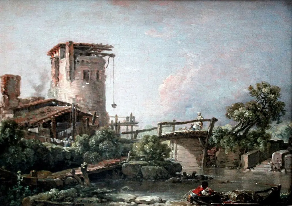 Landscape with Tower and Bridge, by François Boucher