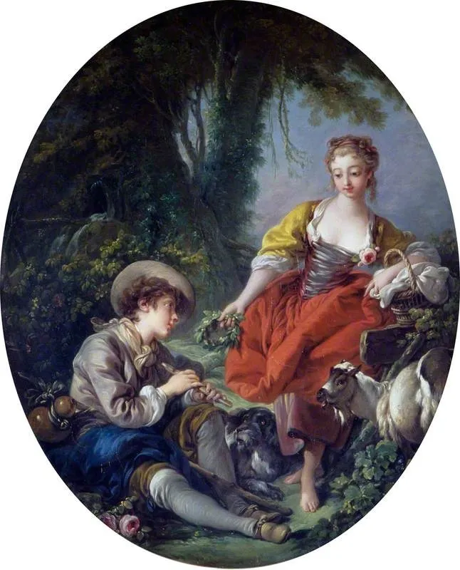 Pastoral Scene: Shepherd with a Pipe and a Girl, by François Boucher, oil, 1763