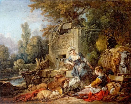 Pausing by the Fountain, by François Boucher, oil, 1765