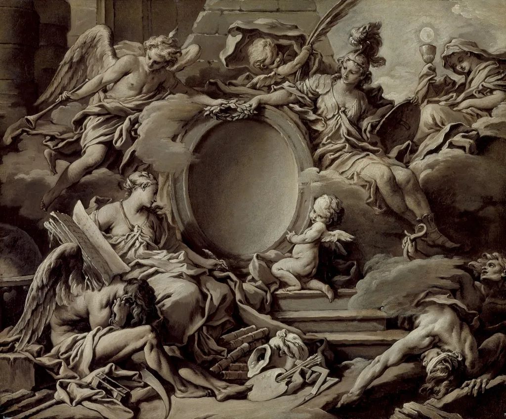 Project for a Cartouche: An Allegory of Minerva, Fame, History and Faith Overcoming Ignorance and Time, by François Boucher, unspecified, 1727