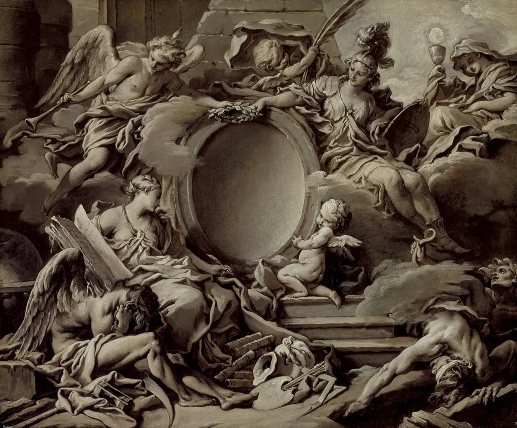 Project for a Cartouche: An Allegory of Minerva, Fame, History and Faith Overcoming Ignorance and Time, by François Boucher