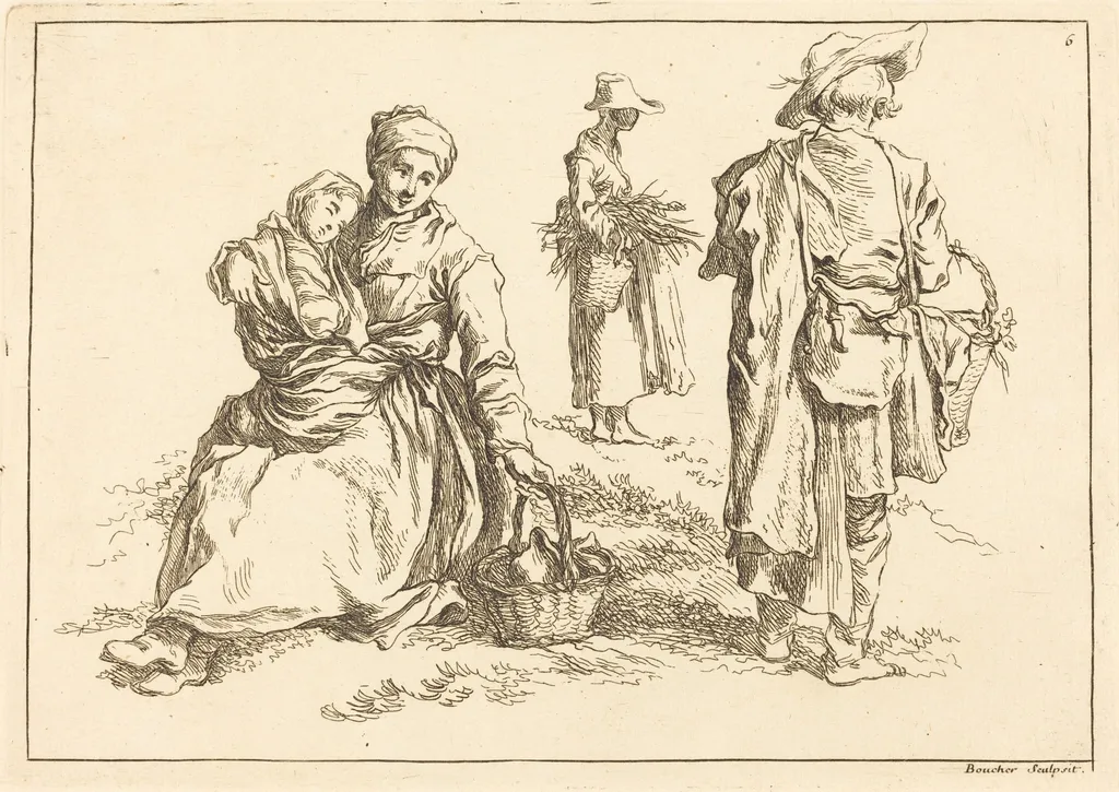 Seated Mother and Child, Two Standing Peasants, by François Boucher, ink, 1735
