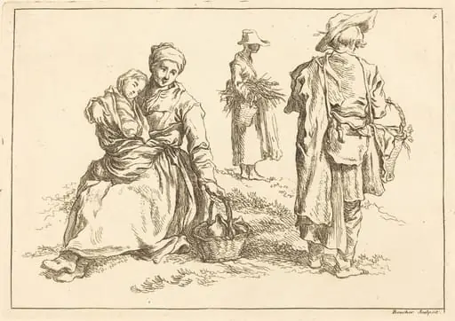 Seated Mother and Child, Two Standing Peasants, by François Boucher