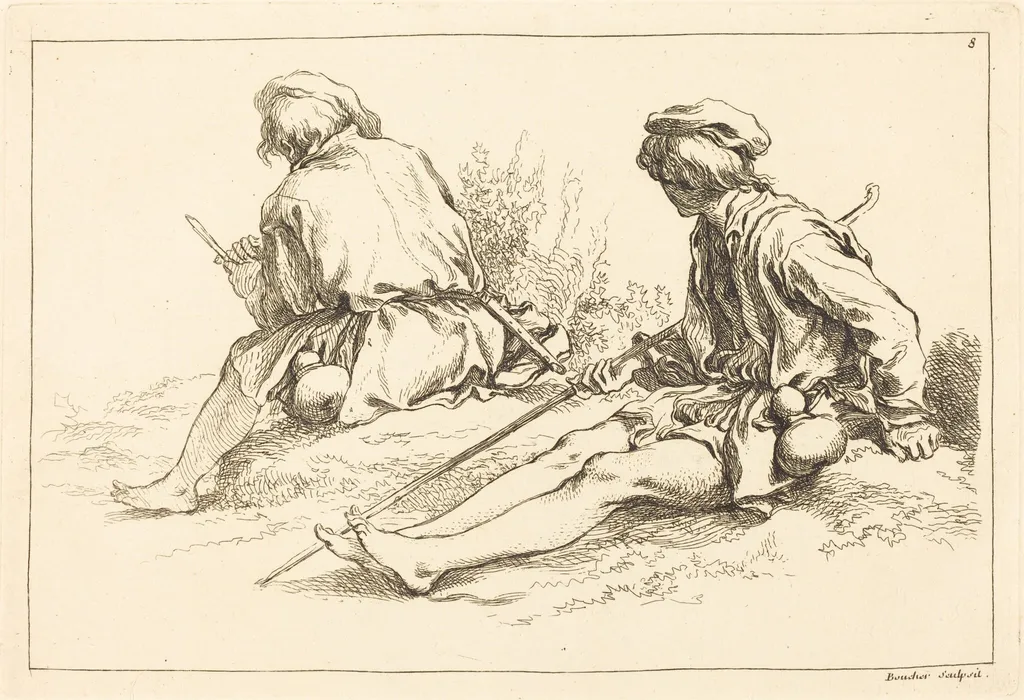 Seated Shepherd Boys, by François Boucher, ink, 1735