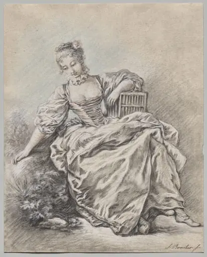 Seated Woman Holding a Bird Cage, by François Boucher