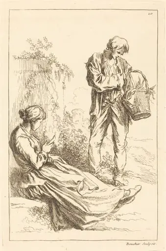 Seated Woman with Peasant Boy Holding a Basket, by François Boucher
