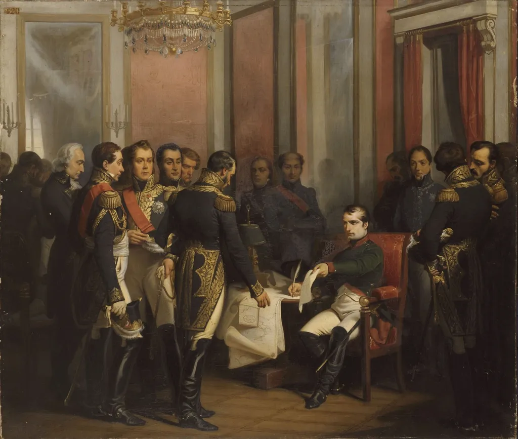 Napoléon signs his abdication at Fontainebleau 11 April 1814, by François Bouchot, oil