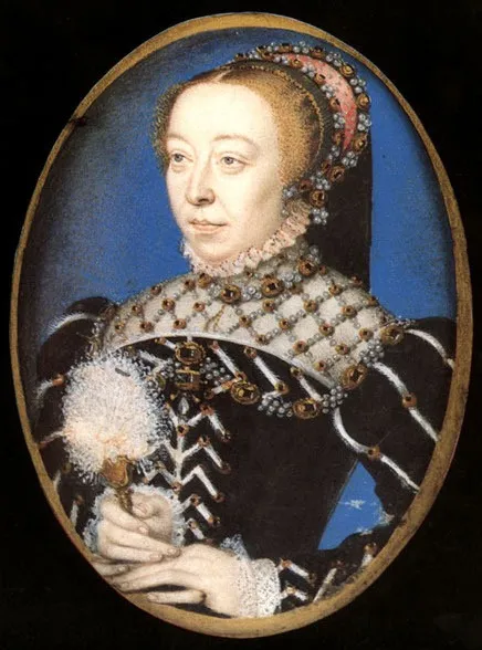 Portrait of Catherine de' Medici (1519-1589), by François Clouet, watercolor, 1555
