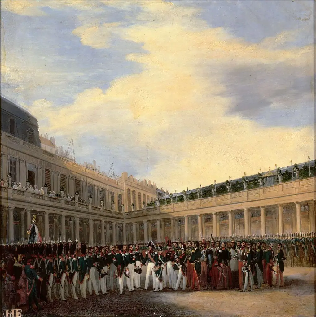 La garde nationale célèbre dans la cour du Palais-Royal, l'anniversaire de la naissance du roi, 6 octobre 1830, by François Dubois