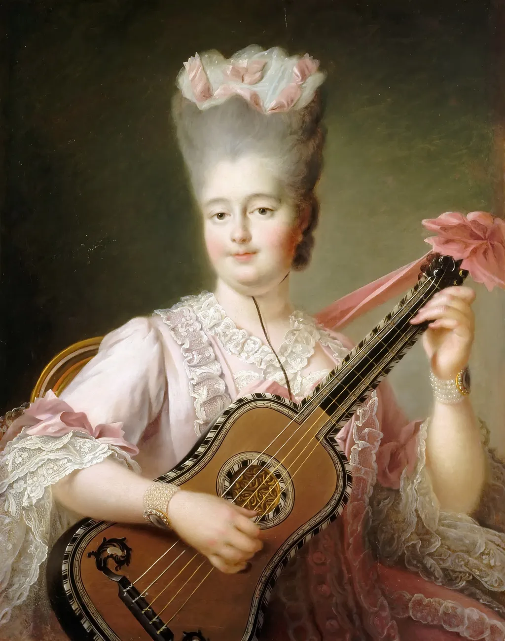 Madame Clotilde playing the guitar, by François-Hubert Drouais, oil, 1775