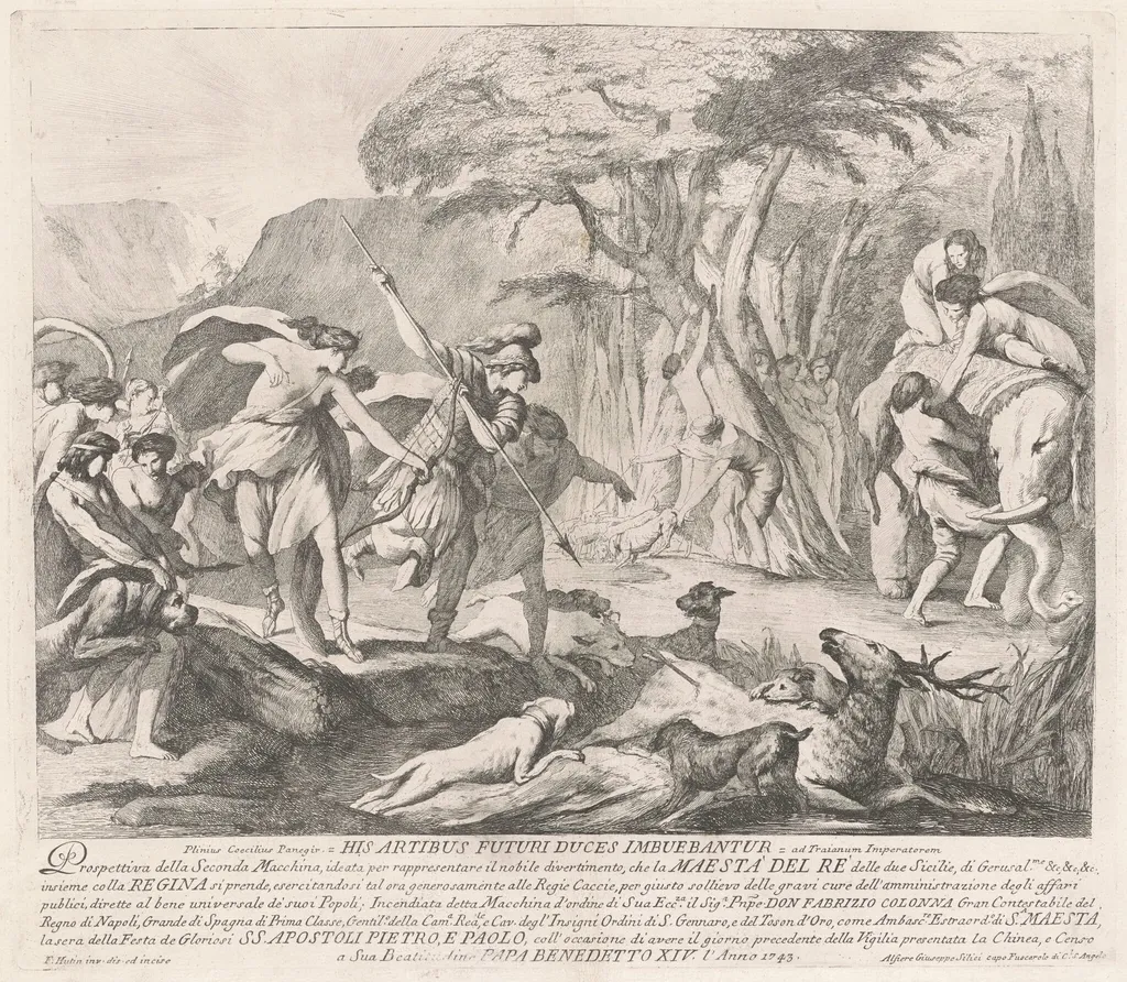 The Seconda Macchina for the Chinea of 1743: The Royal Hunt, by François Hutin, ink, 1743
