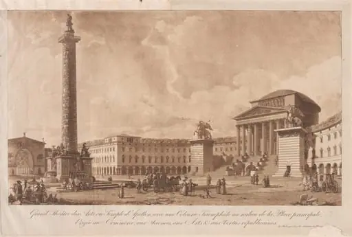 Grand Théâtre des Arts ou Temple d'Apollon, avec une Colonne Triomphâle au milieu de la Place principale, erigée au Commerce, aux Sciences, aux Arts & aux Vertus républicaines (Grand Theater of the Arts or Temple of Apollo, with a Victory Column in the Middle of the Main Square, Erected to Commerce, the Sciences, the Arts, and Republican Virtues), by François Joseph Bélanger