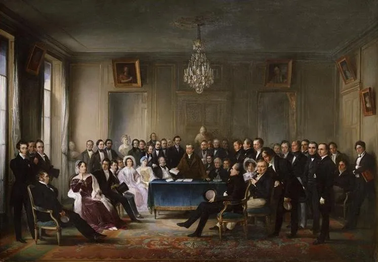 Andrieux faisant une lecture dans le foyer de la Comédie Française, by François Joseph Heim, oil, 1850