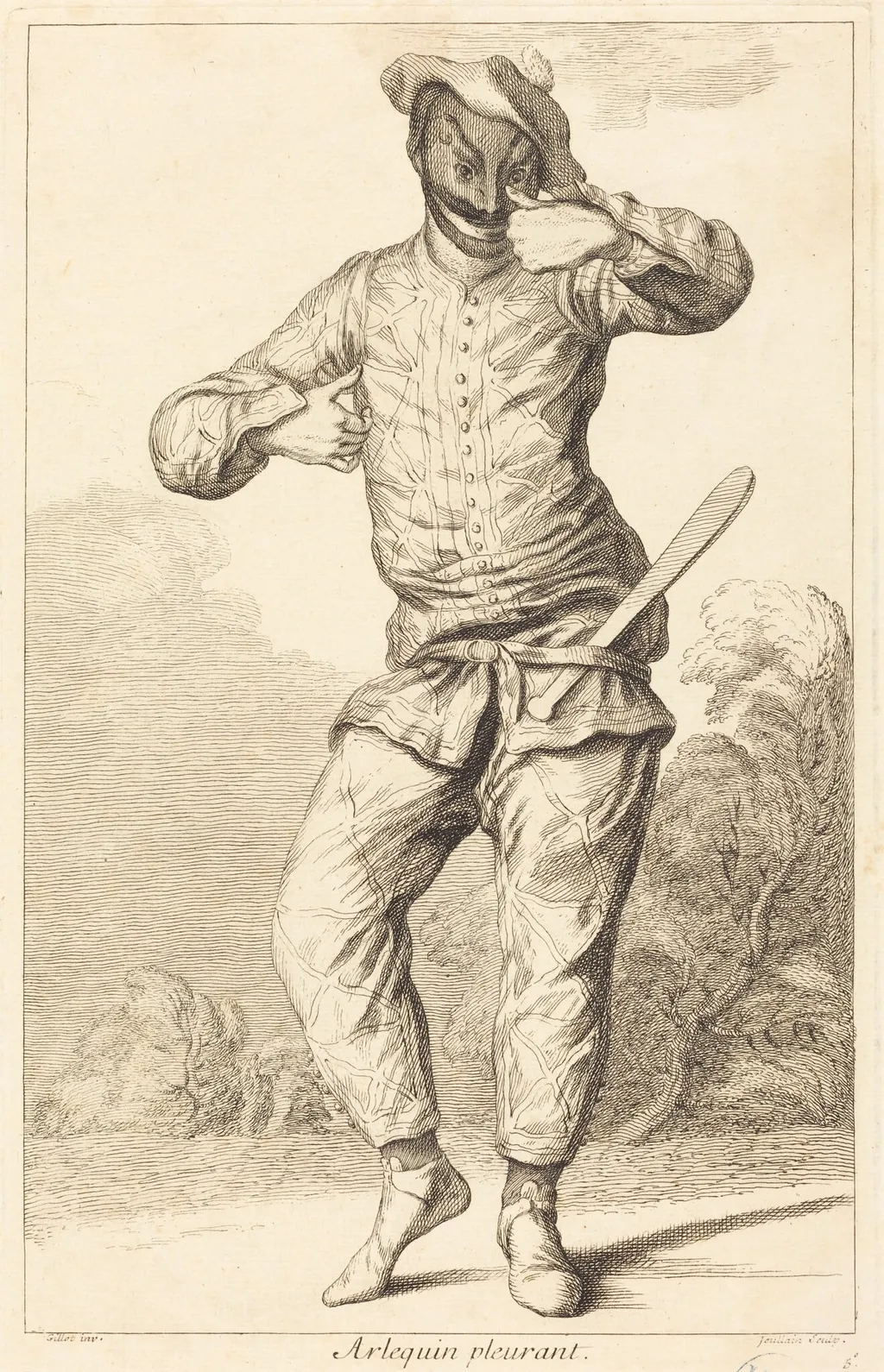Arlequin pleurant, by François Joullain, ink, 1730
