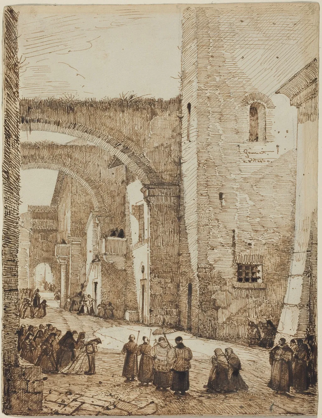 A Priest Processing through a Medieval Street in Viterbo, by François Marius Granet, ink, 1812
