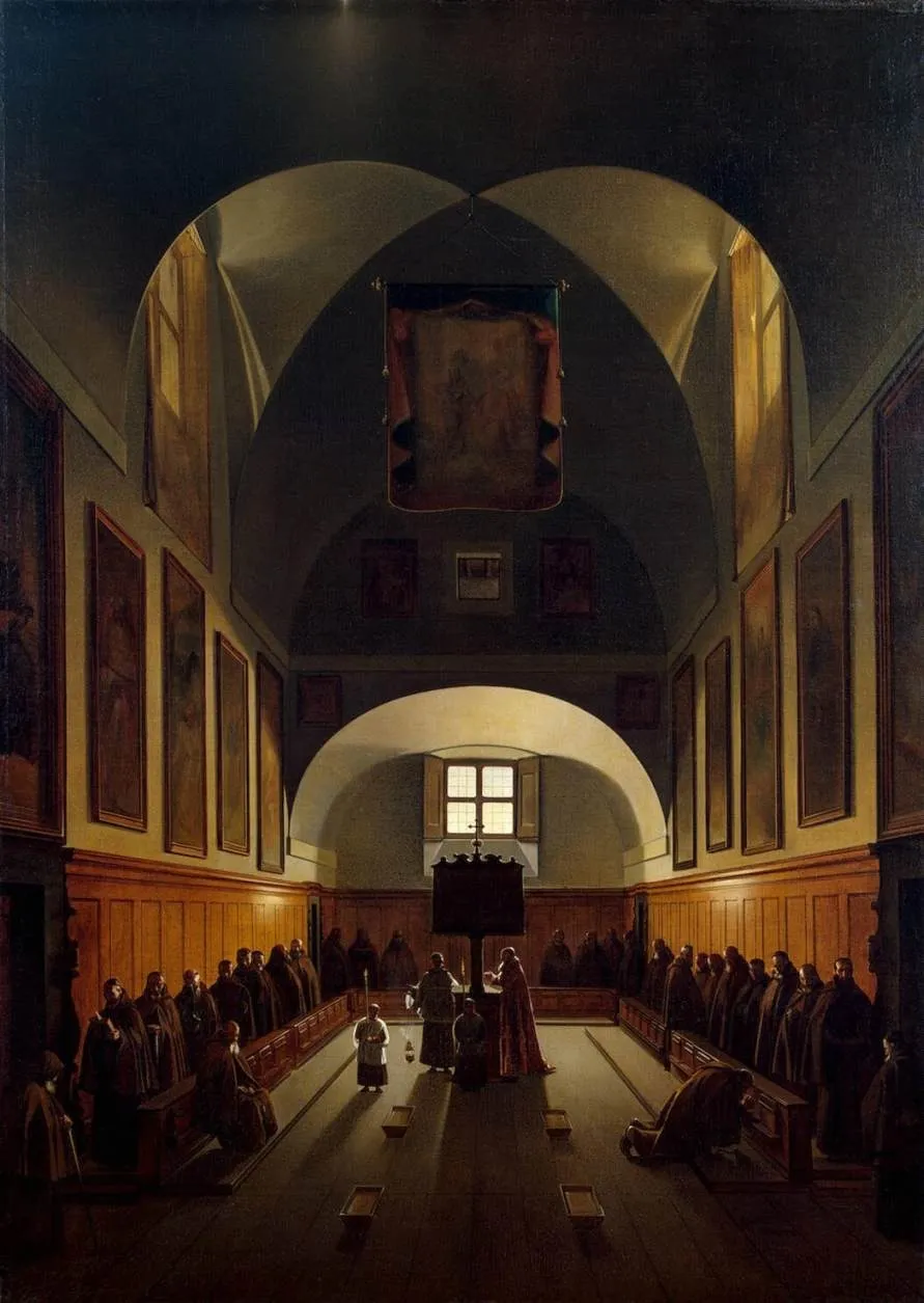 Interior of the Choir in the Capuchin Church on Piazza Barberini in Rome, by François Marius Granet, oil, 1818