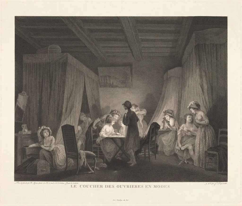 Le coucher des ouvrieres en modes, by Francois-Nicolas-Barthelemy Dequevauviller, ink, 1788