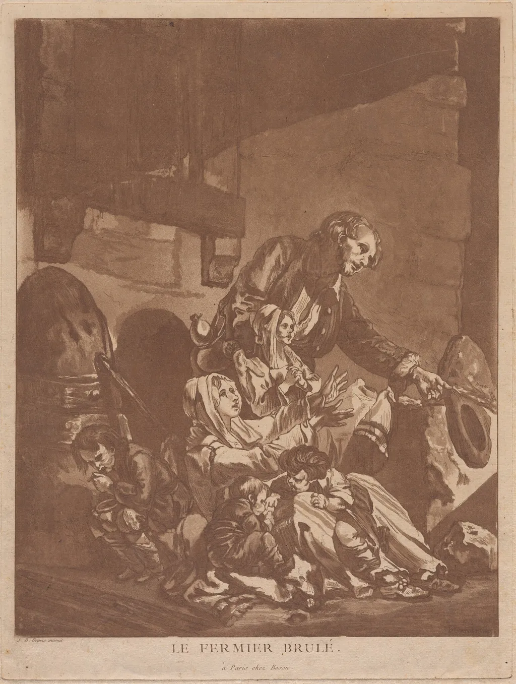 Le Fermier brulé (A Burnt-Out Farmer, Begging with his Family), by François-Philippe Charpentier, ink, 1764