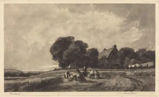Cottage and Harvesters, by Frank Short