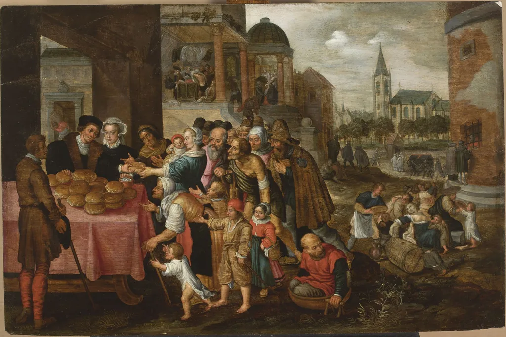 Christian deeds of mercy (Matthew 25:35-36), by Frans Francken I, oil, 1589