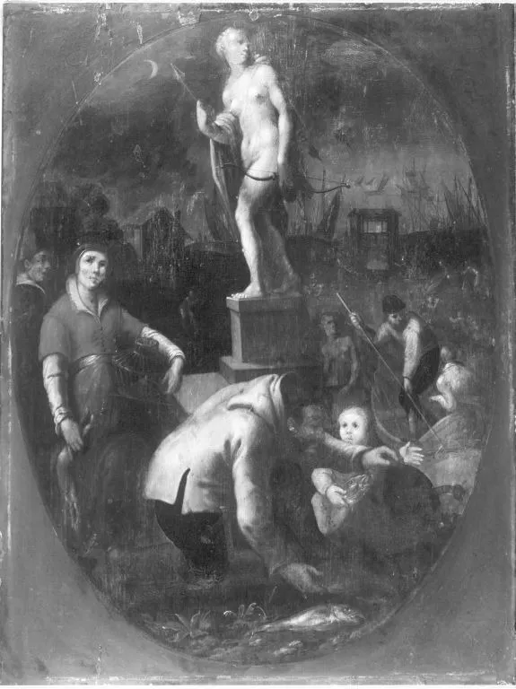 Diana als Patronin der Navigationskunst, der Fischer und Jäger (nach Jan Saenredam), by Frans Francken III, unspecified, 1637