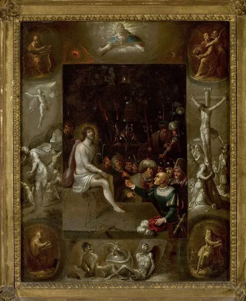 Mocking of Christ surrounded by images of the Evangelists and scenes from the Passion of Christ, by Frans Francken the Younger