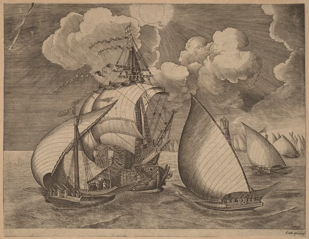 A Fleet of Galleys Escorted by a Caravel, by Frans Huys, ink