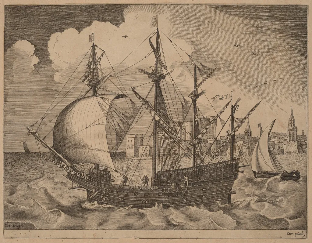 Armed Four-Master Putting Out to Sea, by Frans Huys, ink