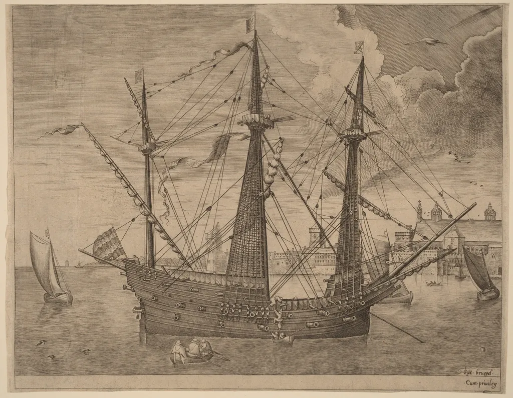 Armed Three-Master Anchored near a City, by Frans Huys, ink
