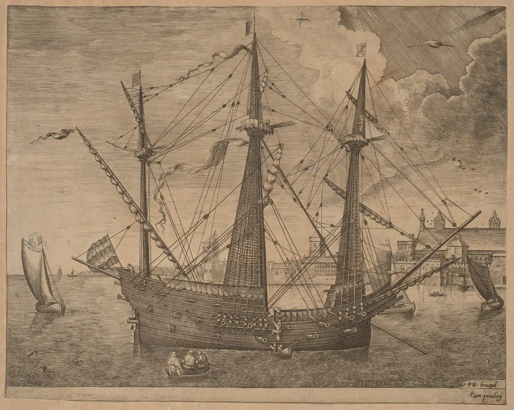 Armed Three-Master Anchored Near a City, by Frans Huys, ink