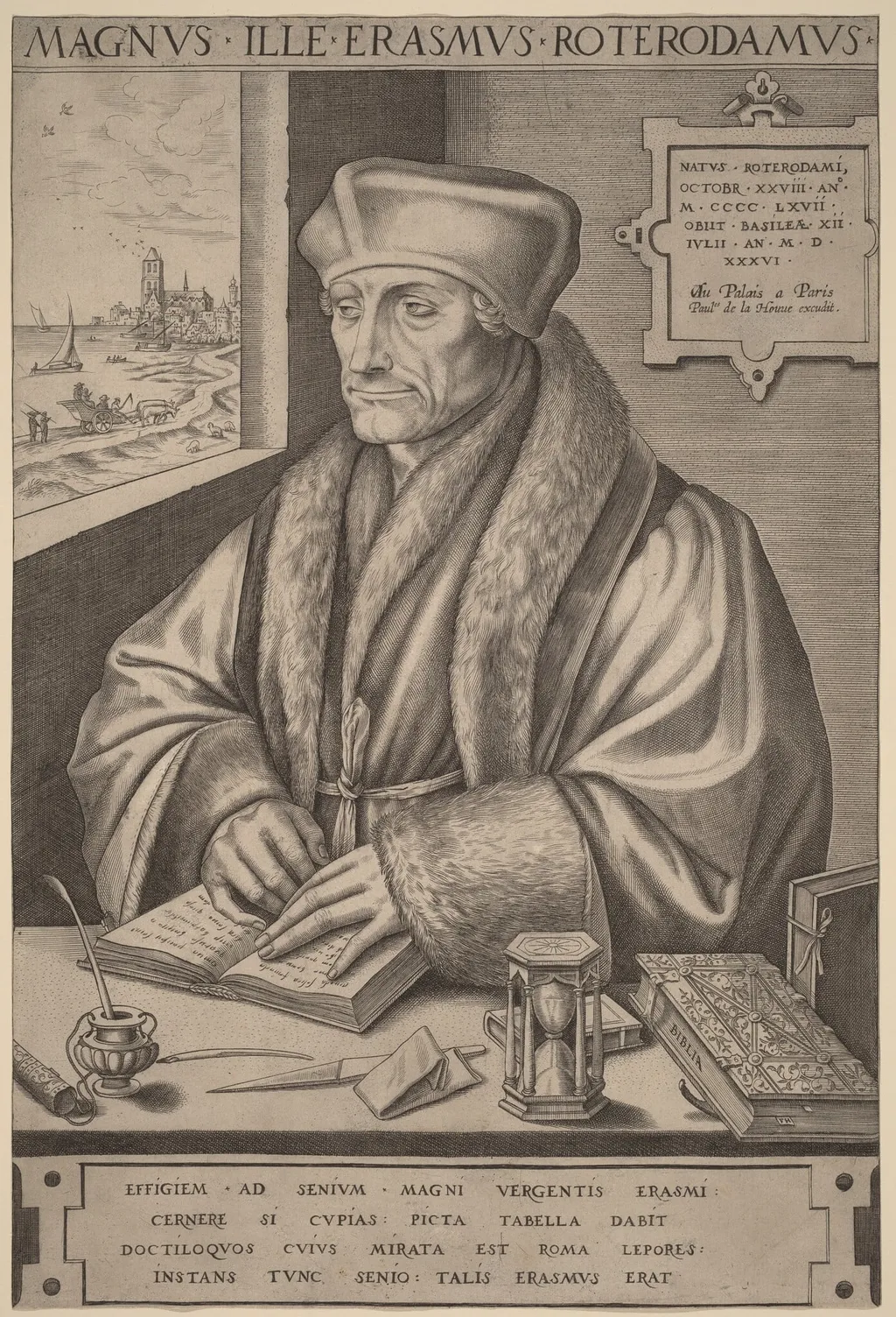 Erasmus of Rotterdam, by Frans Huys, ink, 1555