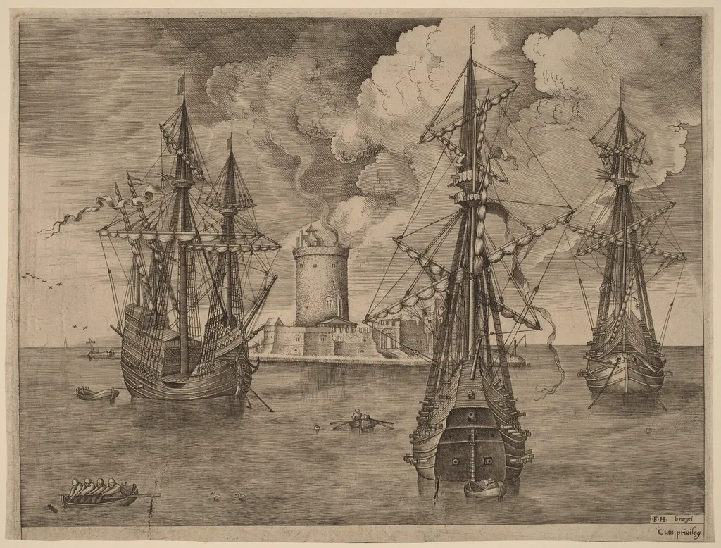 Four-Master (Left) and Two Three-Masters Anchored near a Fortified Island with a Lighthouse, by Frans Huys, ink