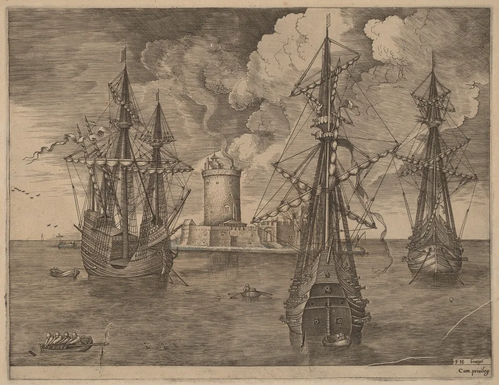 Four-Master (Left) and Two Three-Masters Ancored Near a Fortified Island with a Lighthouse, by Frans Huys, ink