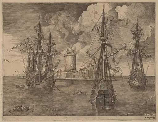 Four-Master (Left) and Two Three-Masters Ancored Near a Fortified Island with a Lighthouse, by Frans Huys
