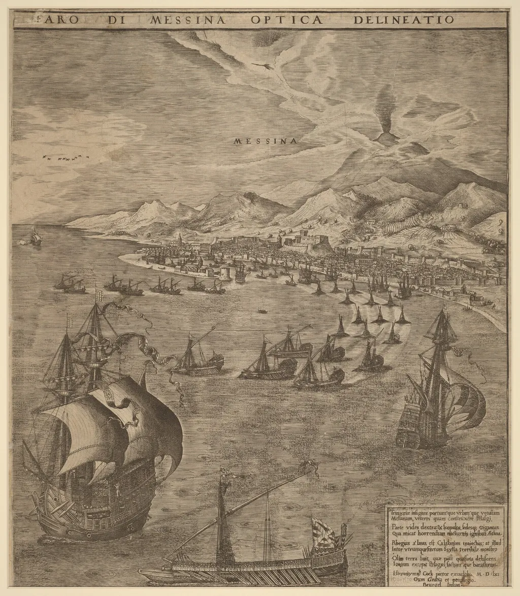 Naval Battle in the Straits of Messina, by Frans Huys, ink, 1561