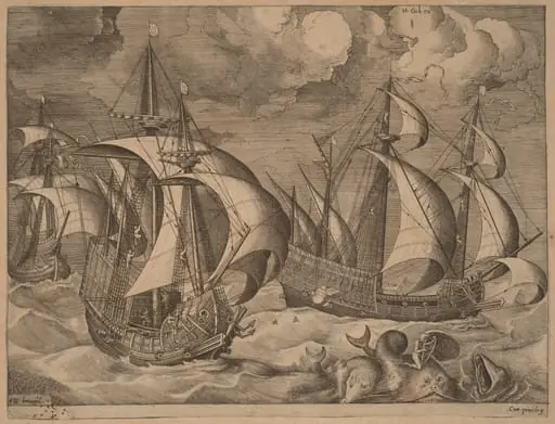Three Caravels in a Rising Squall with Adrion on a Dolphin, by Frans Huys