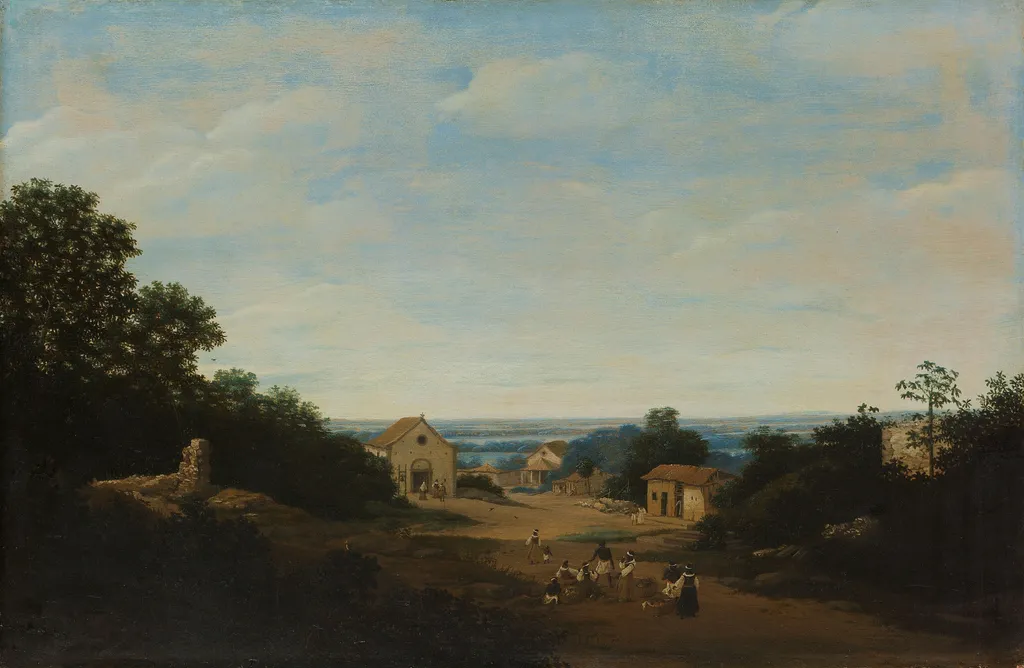 Brazilian landscape with the village of Igaraçú. To the left the church of Sts Cosmas and Damian, by Frans Post, oil, 1659