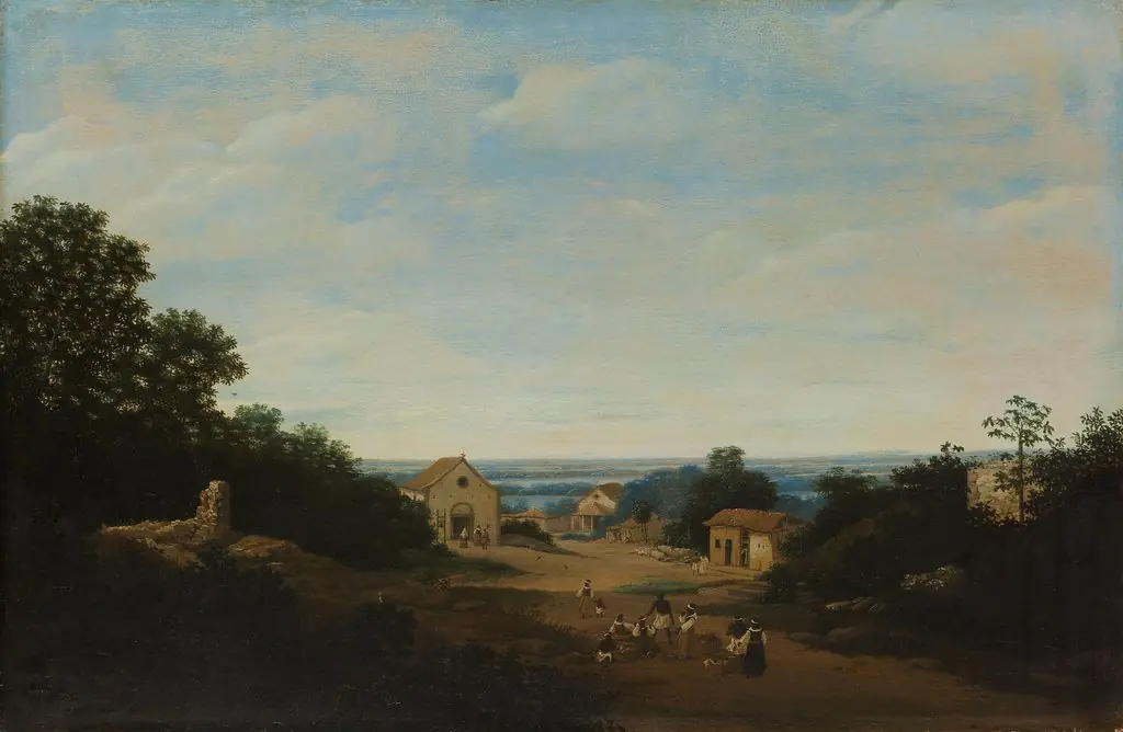 Brazilian landscape with the village of Igaraçú. To the left the church of Sts Cosmas and Damian, by Frans Post