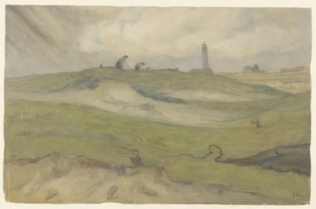 Dune landscape with lighthouse and fishing nets