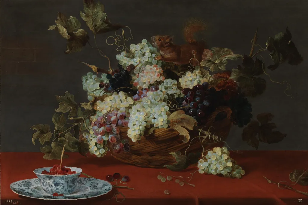 A fruit still life with a basket of grapes and a squirrel on a table, by Frans Snyders, oil, 1601