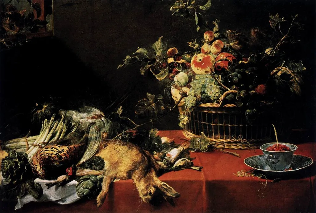 A still life with game, vegetables, fruit and a squirrel on a table. with a cat in a window upper left, by Frans Snyders, oil, 1635