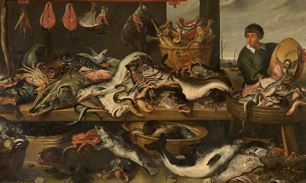 At the Fishmonger's, by Frans Snyders, oil, 1650