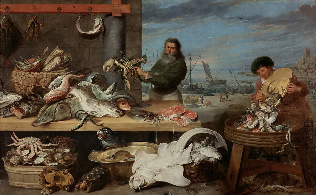 Fish market, by Frans Snyders, oil, 1625