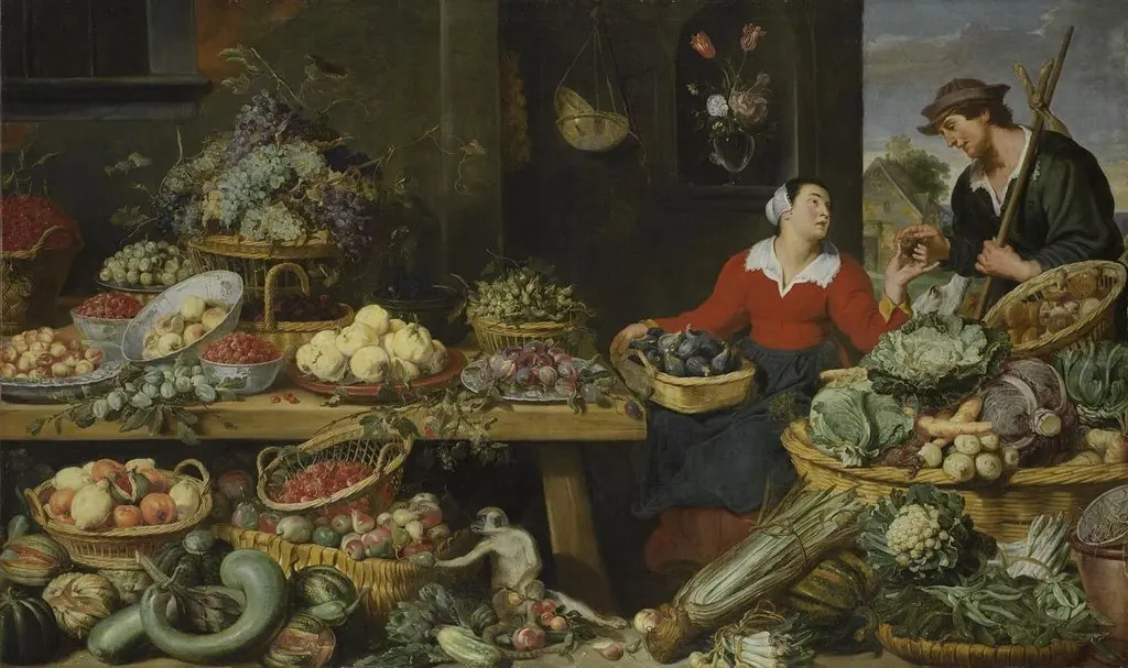 Market scene with fruit and vegetables, and an amorous couple, by Frans Snyders