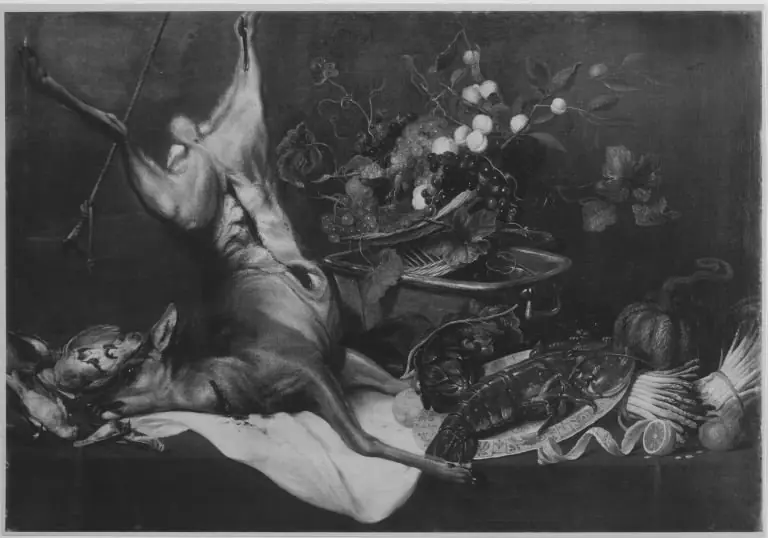 Still life with a dead roebuck, lobster and fruits, by Frans Snyders