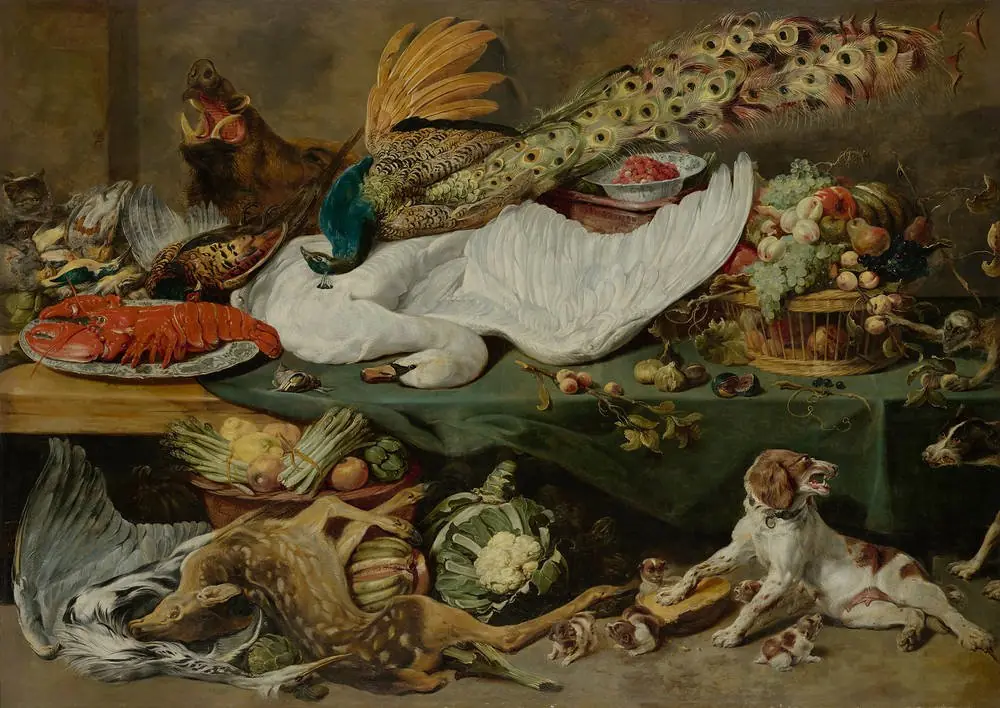 Still-life with a Spaniel and her Pups, by Frans Snyders