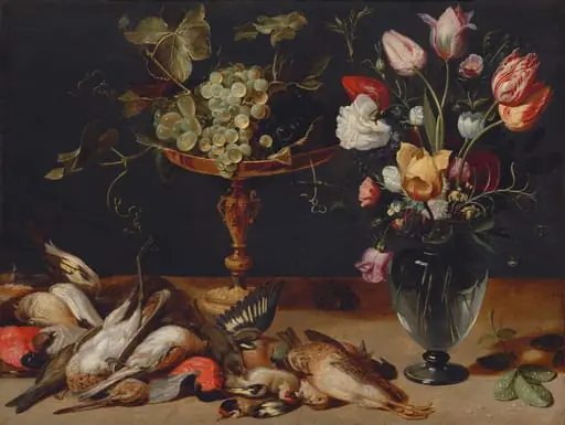 Still Life with Flowers, Grapes, and Small Game Birds, by Frans Snyders